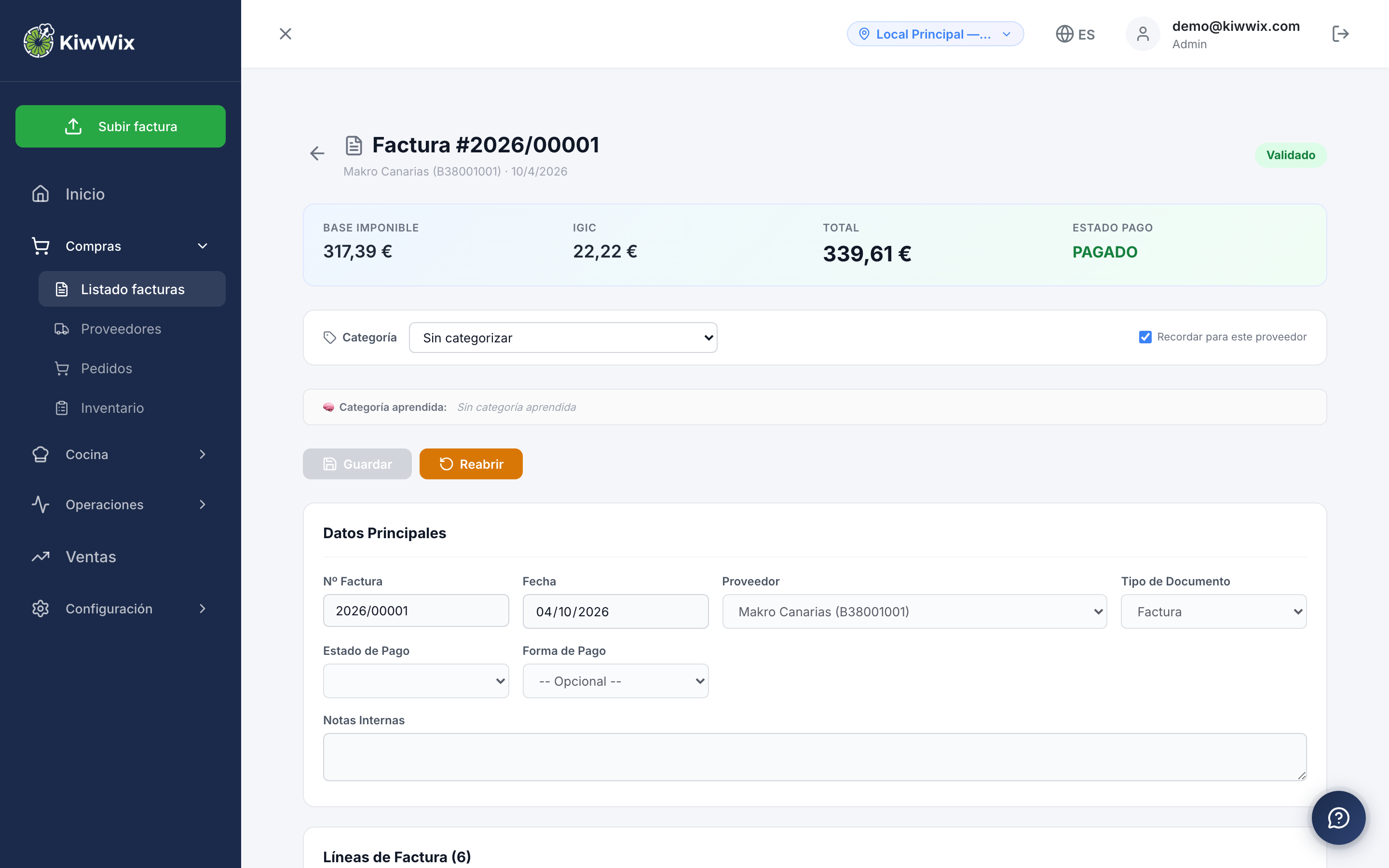 Detalle de factura con base imponible, IGIC y total