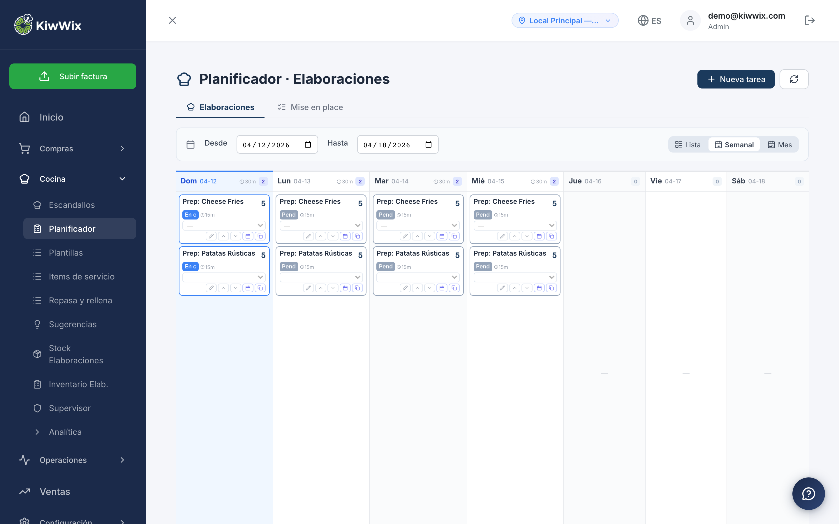 Planificador semanal de preelaboraciones en formato calendario