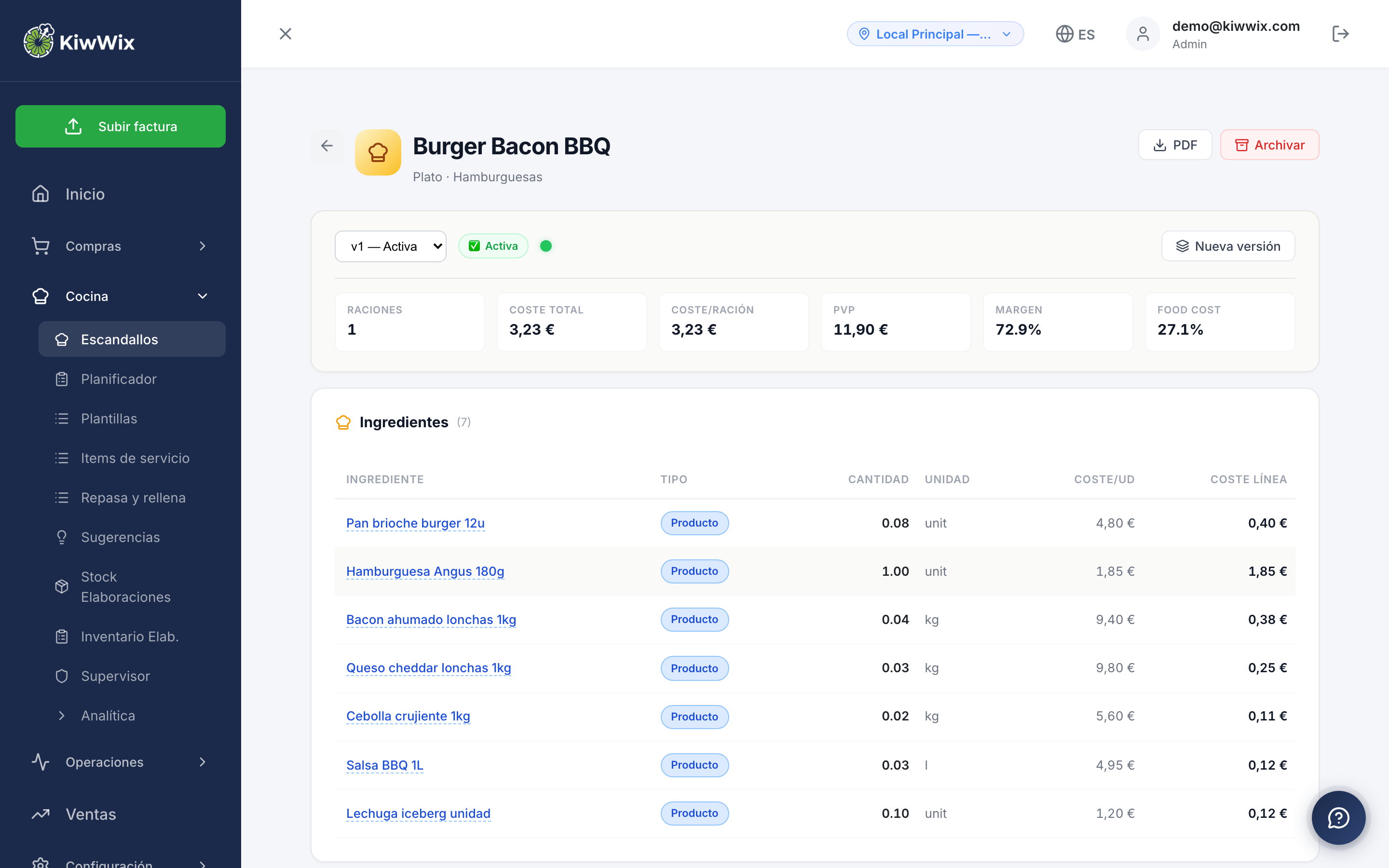 Escandallo creado por dictado en KiwWix Souschef — coste por ración, food cost y mermas