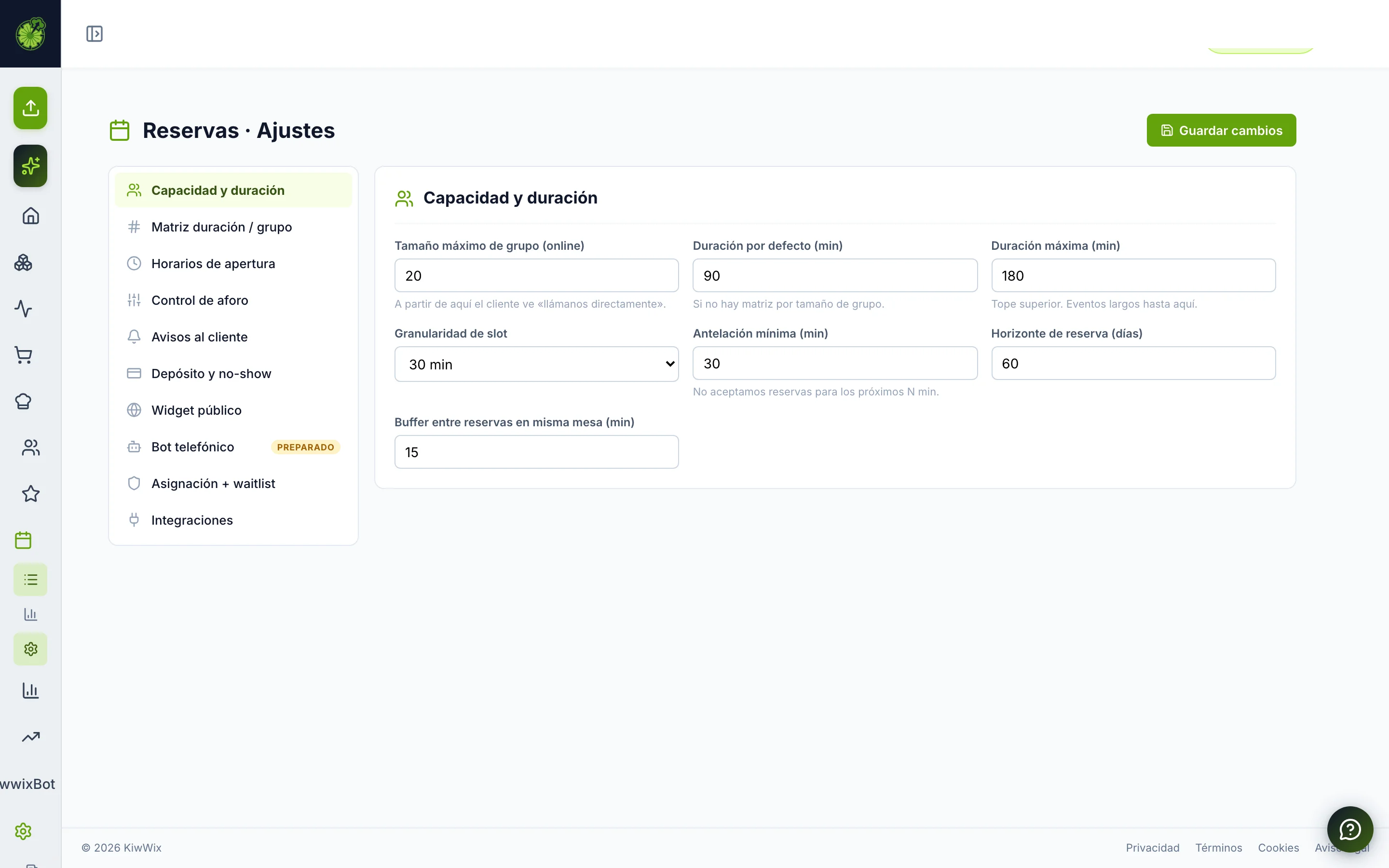 Configuración de reservas